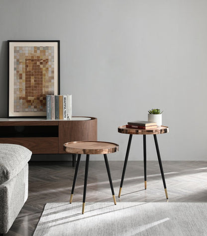 20" Walnut Black And Rose Gold Wood and Stainless Steel Round End Table