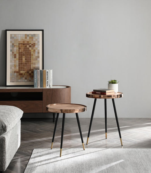 20" Walnut Black And Rose Gold Wood and Stainless Steel Round End Table