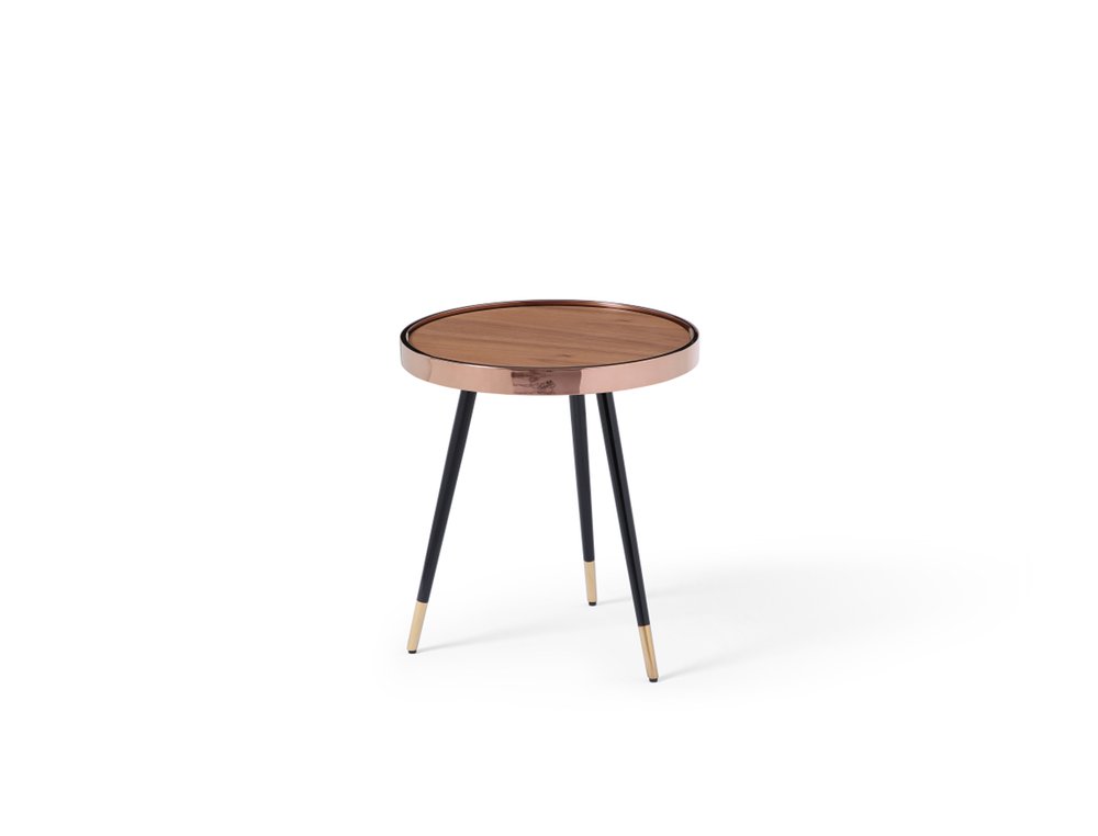 20" Walnut Black And Rose Gold Wood and Stainless Steel Round End Table
