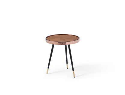 20" Walnut Black And Rose Gold Wood and Stainless Steel Round End Table