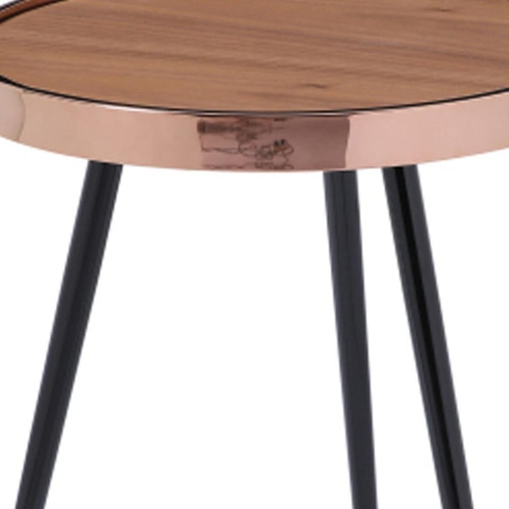 20" Walnut Black And Rose Gold Wood and Stainless Steel Round End Table