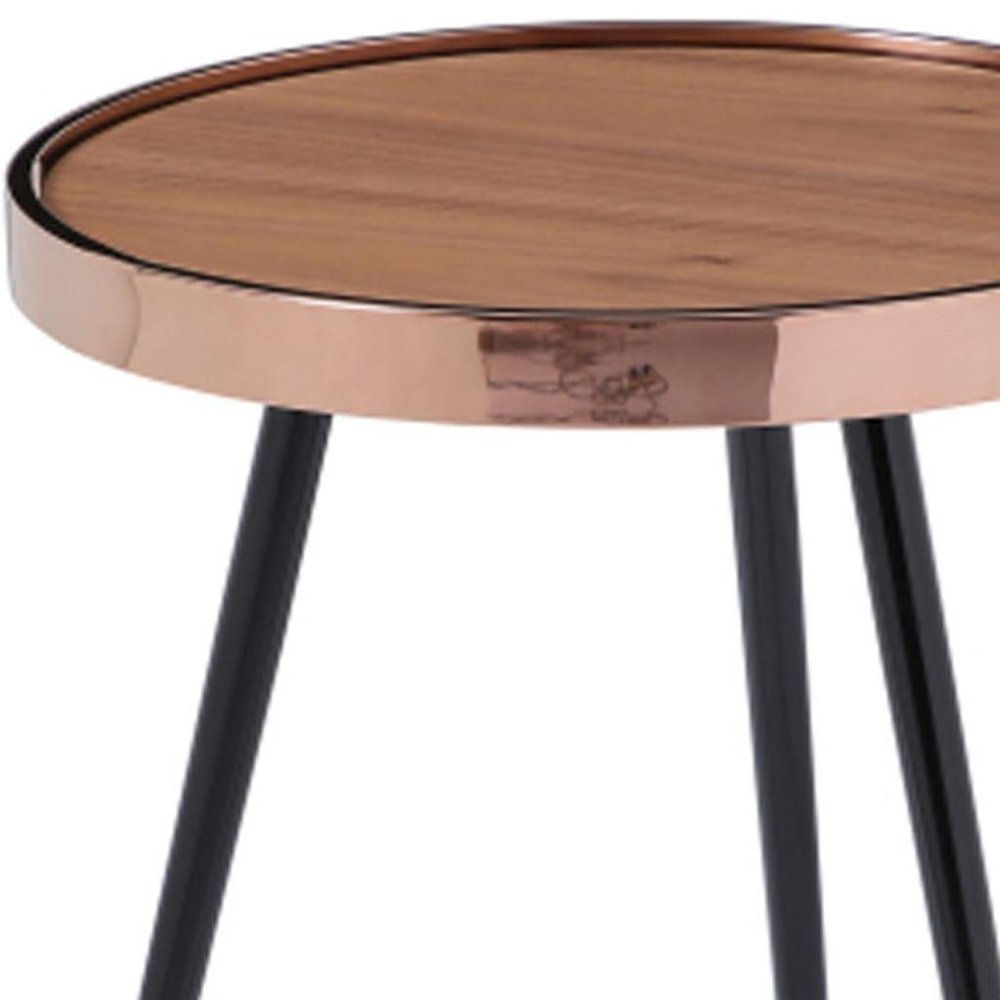 20" Walnut Black And Rose Gold Wood and Stainless Steel Round End Table