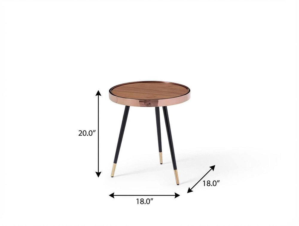 20" Walnut Black And Rose Gold Wood and Stainless Steel Round End Table