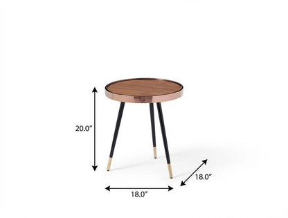 20" Walnut Black And Rose Gold Wood and Stainless Steel Round End Table
