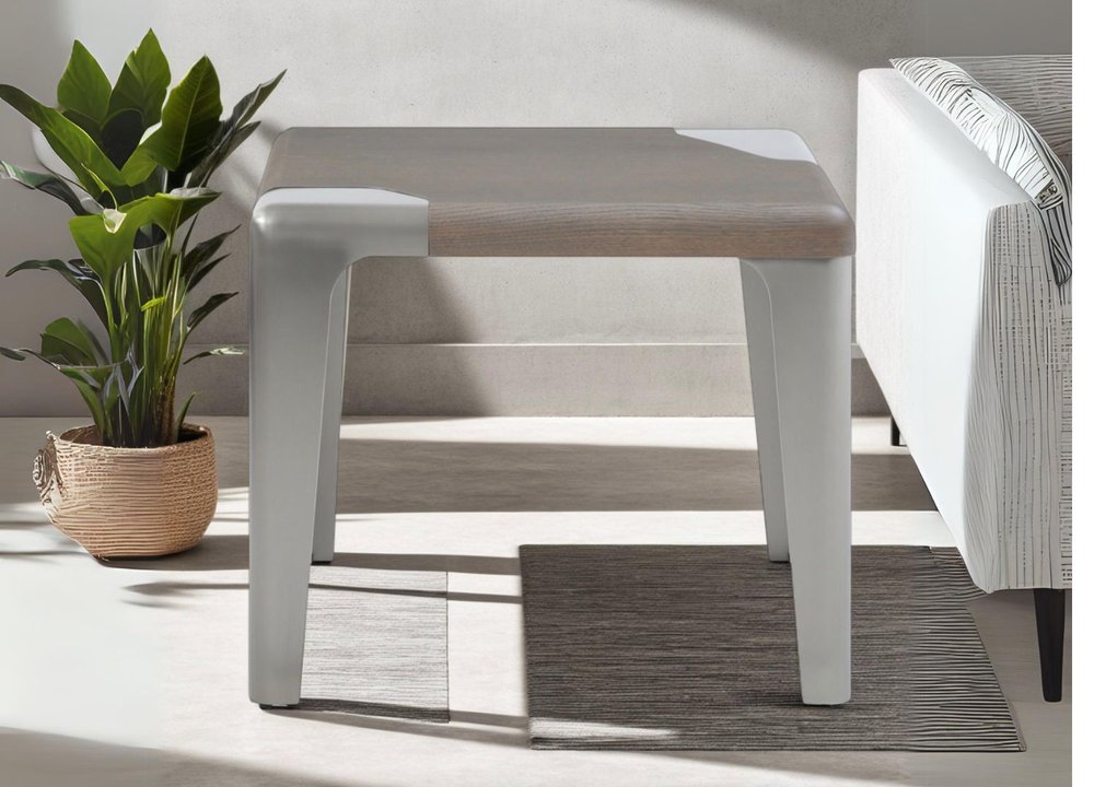 20" Ash Gray and Silver Wood and Stainless Steel Square End Table