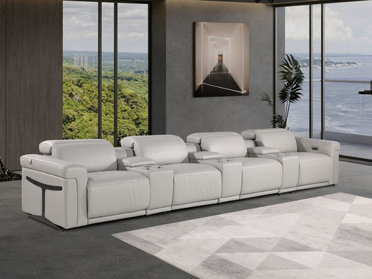 166" White Top Grain Leather Reclining Metal USB Sofa