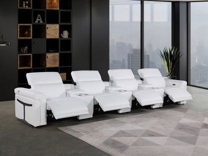 166" White Top Grain Leather Reclining Metal USB Sofa