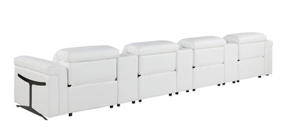 166" White Top Grain Leather Reclining Metal USB Sofa