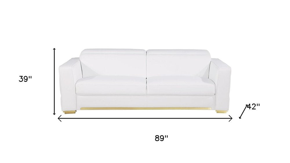 89" White Top Grain Leather Reclining Sofa And Storage
