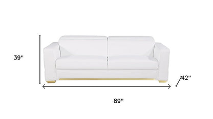89" White Top Grain Leather Reclining Sofa And Storage