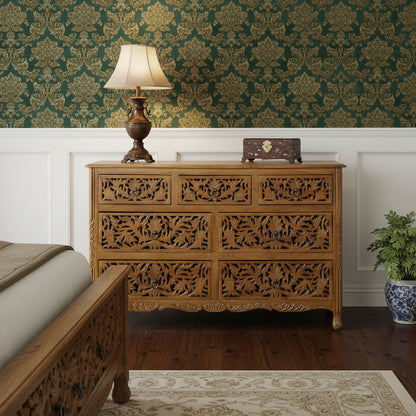 57" Brown Carved Floral Solid Wood Seven Drawer Dresser