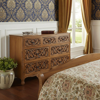 57" Brown Carved Floral Solid Wood Seven Drawer Dresser
