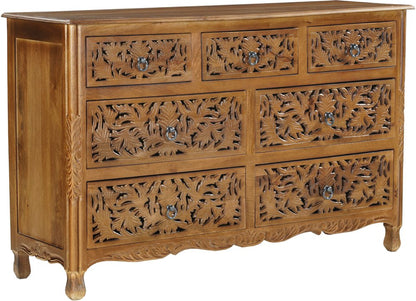 57" Brown Carved Floral Solid Wood Seven Drawer Dresser