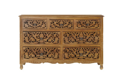 57" Brown Carved Floral Solid Wood Seven Drawer Dresser