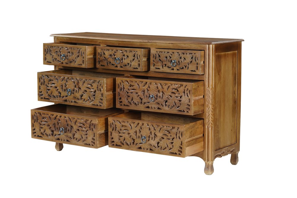 57" Brown Carved Floral Solid Wood Seven Drawer Dresser