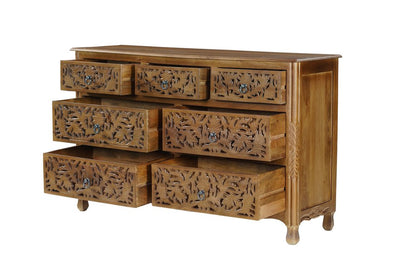 57" Brown Carved Floral Solid Wood Seven Drawer Dresser