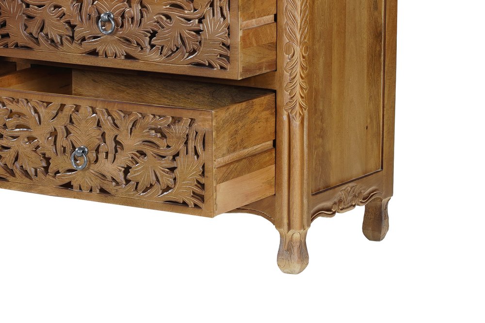 57" Brown Carved Floral Solid Wood Seven Drawer Dresser