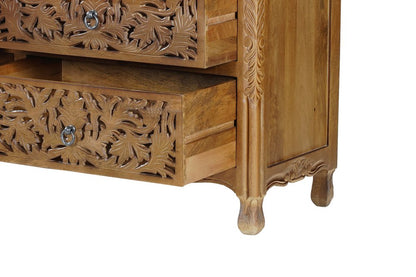 57" Brown Carved Floral Solid Wood Seven Drawer Dresser