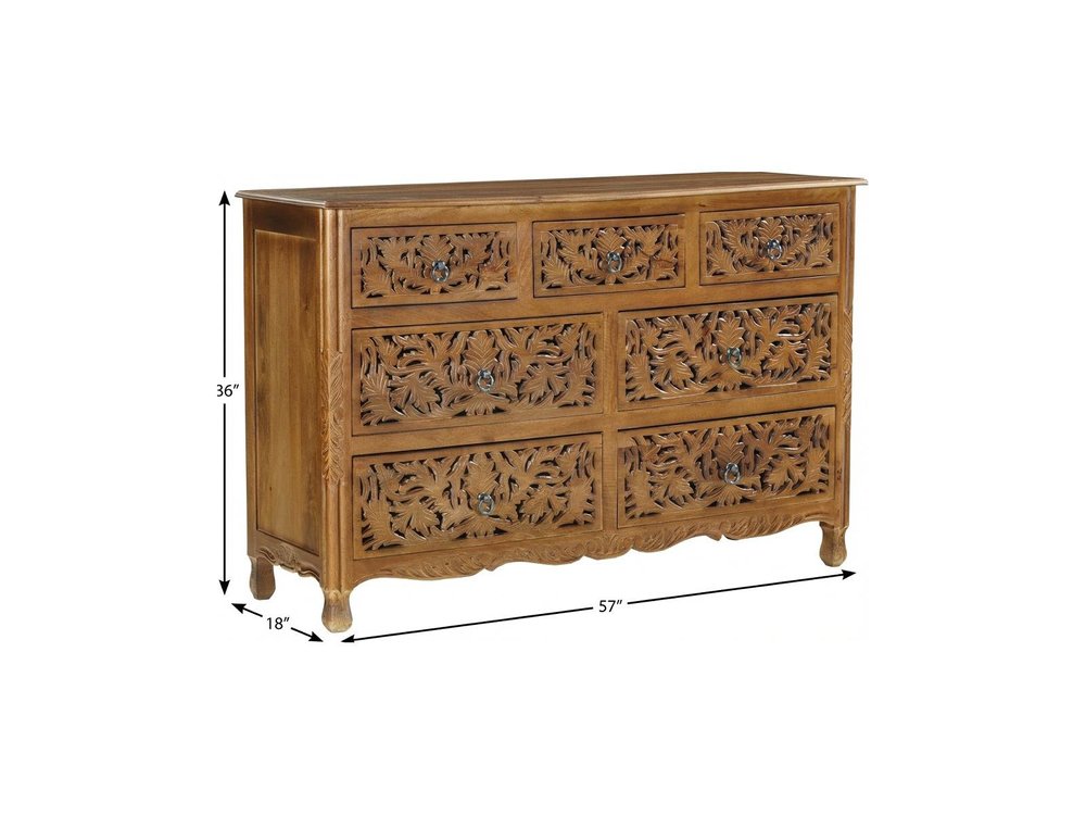 57" Brown Carved Floral Solid Wood Seven Drawer Dresser