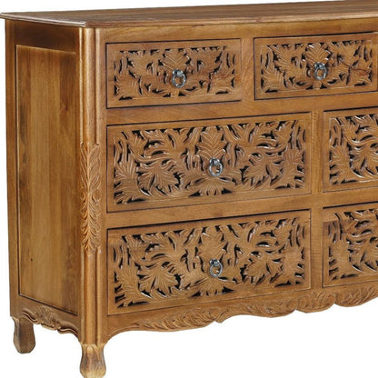 57" Brown Carved Floral Solid Wood Seven Drawer Dresser