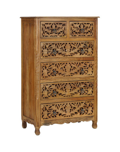 35" Brown Carved Floral Solid Wood Six Drawer Dresser