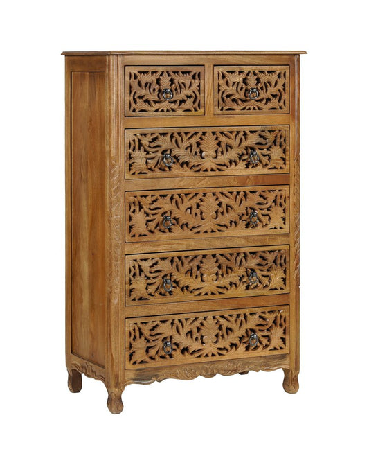 35" Brown Carved Floral Solid Wood Six Drawer Dresser