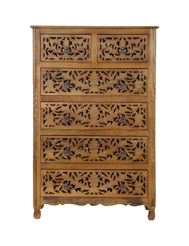 35" Brown Carved Floral Solid Wood Six Drawer Dresser