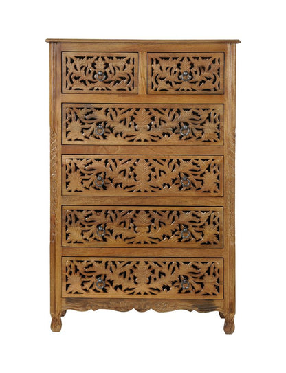 35" Brown Carved Floral Solid Wood Six Drawer Dresser