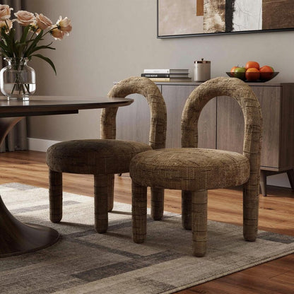 Set of Two Brown Fabric Open Back Dining Side Chairs