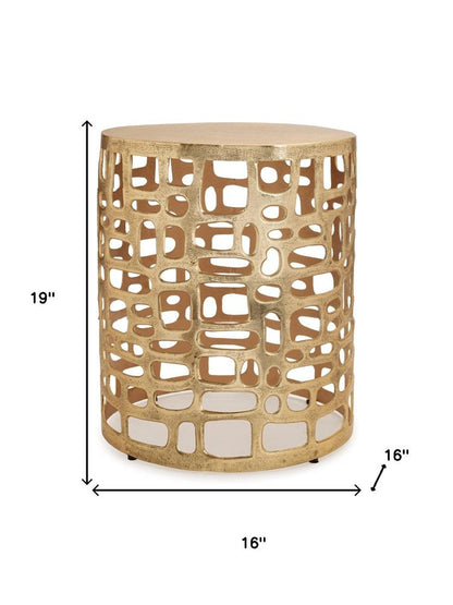 19" Gold Modern Abstract Cut Out Round Drum End Table