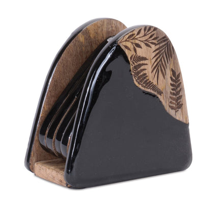 Set of Five Black Solid and Manufactured Wood Coaster Set with Holders With Stand