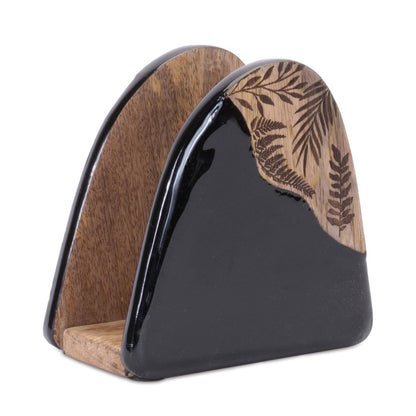Set of Five Black Solid and Manufactured Wood Coaster Set with Holders With Stand