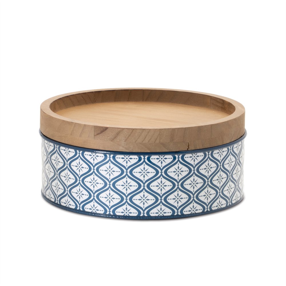 Set of Two Blue And White Metal And Solid Wood Geometric Storage Canisters