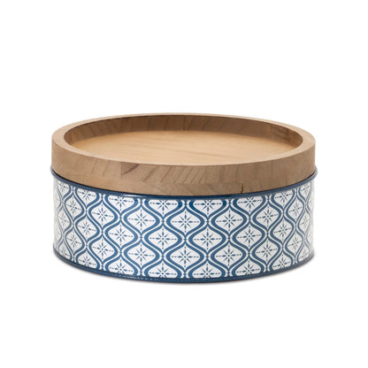 Set of Two Blue And White Metal And Solid Wood Geometric Storage Canisters