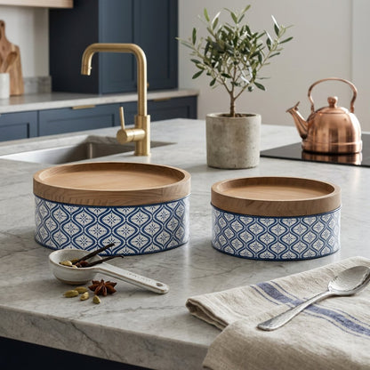 Set of Two Blue And White Metal And Solid Wood Geometric Storage Canisters