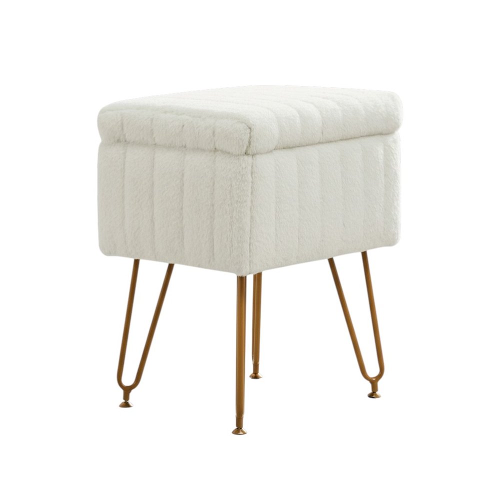 19" White and Gold Faux Fur Tufted Storage Ottoman
