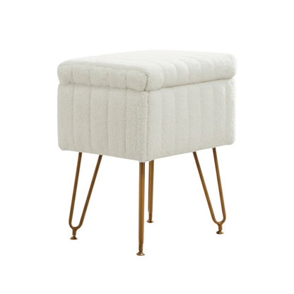 19" White and Gold Faux Fur Tufted Storage Ottoman