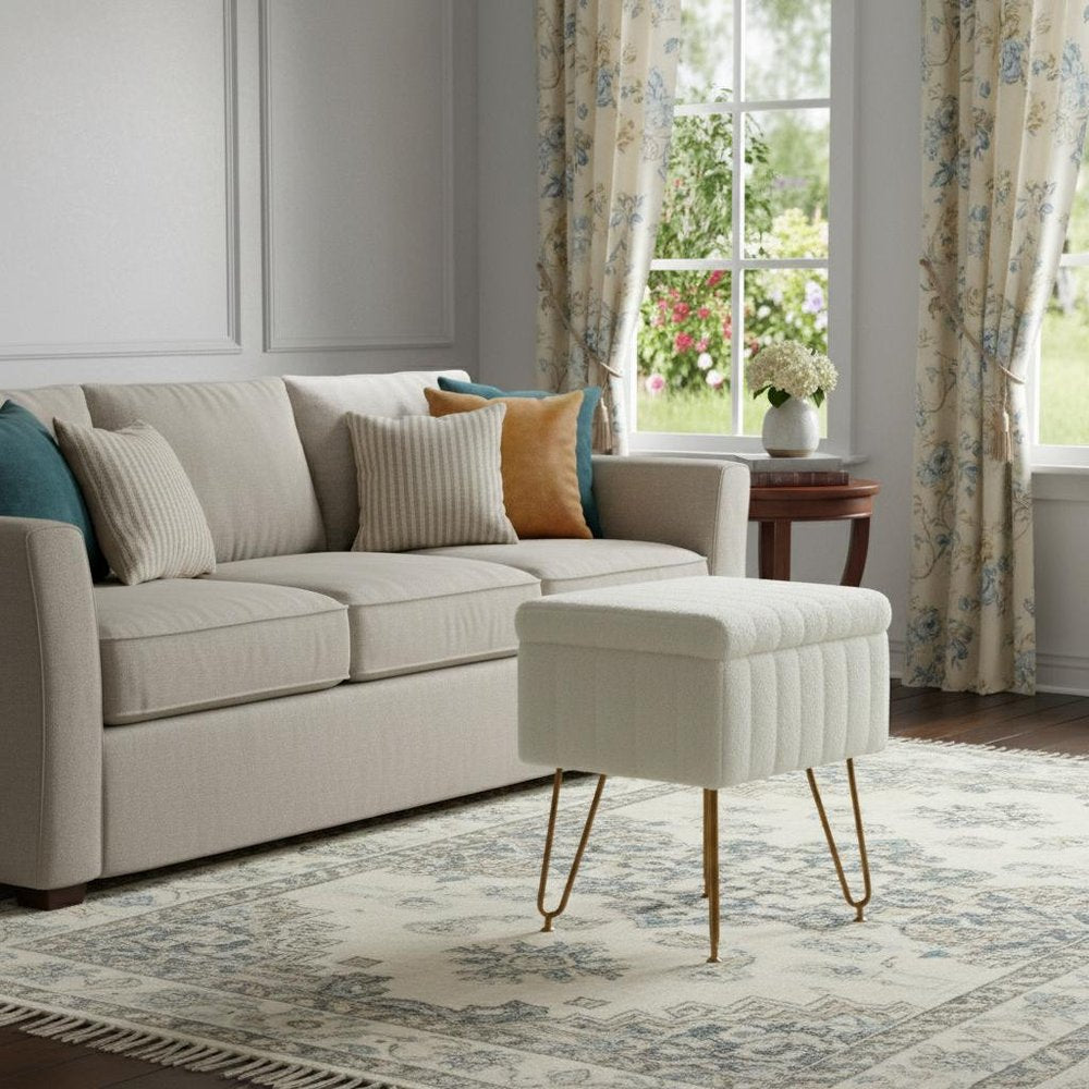 19" White and Gold Faux Fur Tufted Storage Ottoman