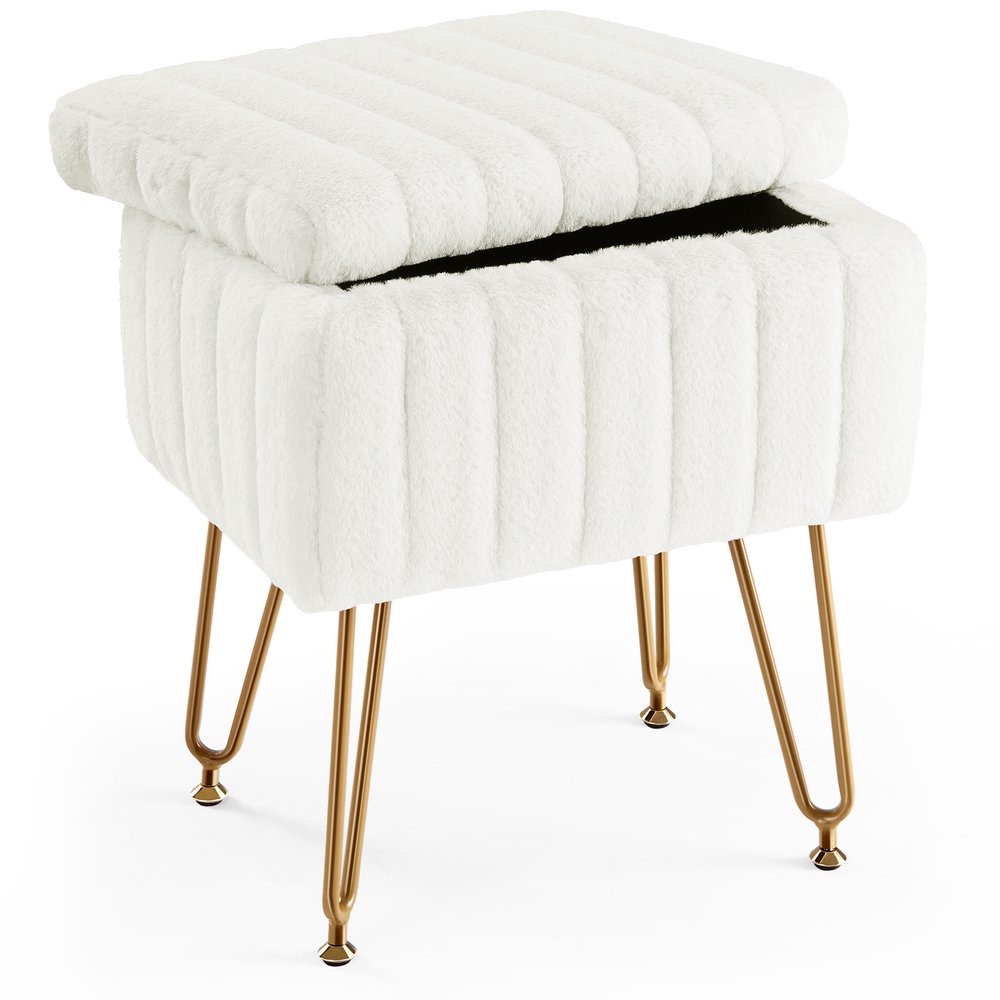 19" White and Gold Faux Fur Tufted Storage Ottoman