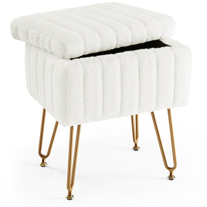 19" White and Gold Faux Fur Tufted Storage Ottoman