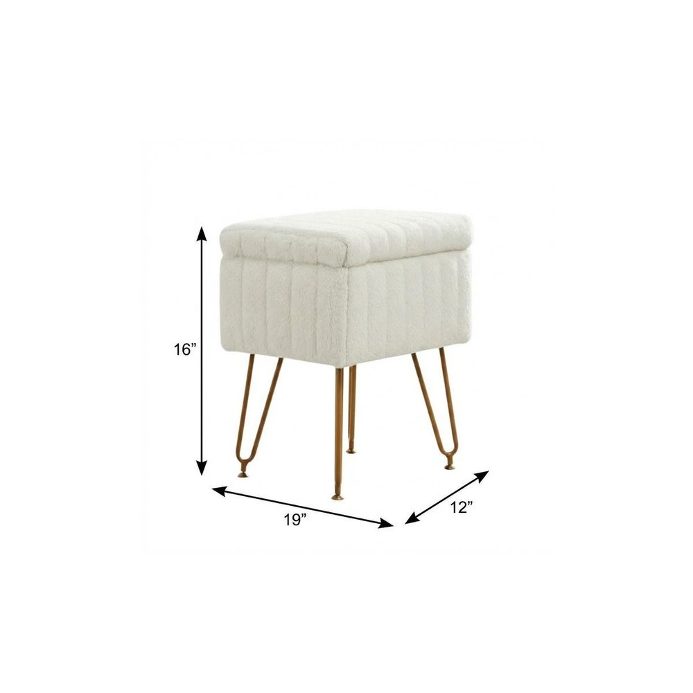 19" White and Gold Faux Fur Tufted Storage Ottoman