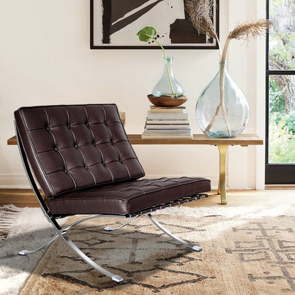 28" Brown and Silver Tufted Genuine Leather and Stainless Steel Folding Lounge Chair