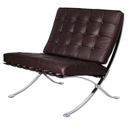 28" Brown and Silver Tufted Genuine Leather and Stainless Steel Folding Lounge Chair