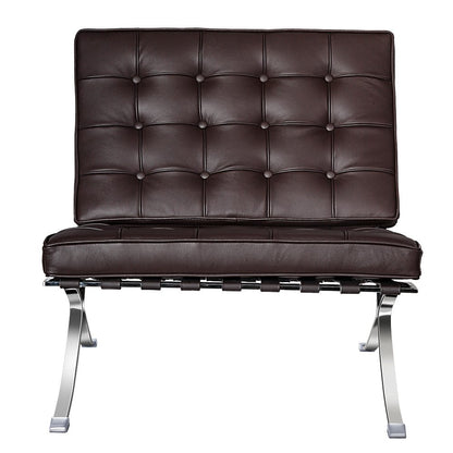 28" Brown and Silver Tufted Genuine Leather and Stainless Steel Folding Lounge Chair