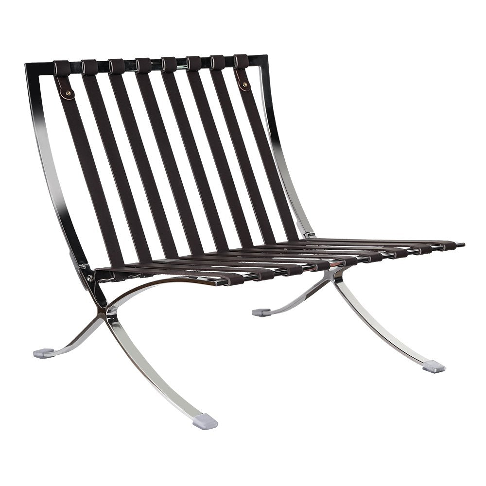28" Brown and Silver Tufted Genuine Leather and Stainless Steel Folding Lounge Chair