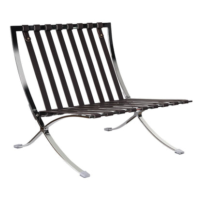 28" Brown and Silver Tufted Genuine Leather and Stainless Steel Folding Lounge Chair