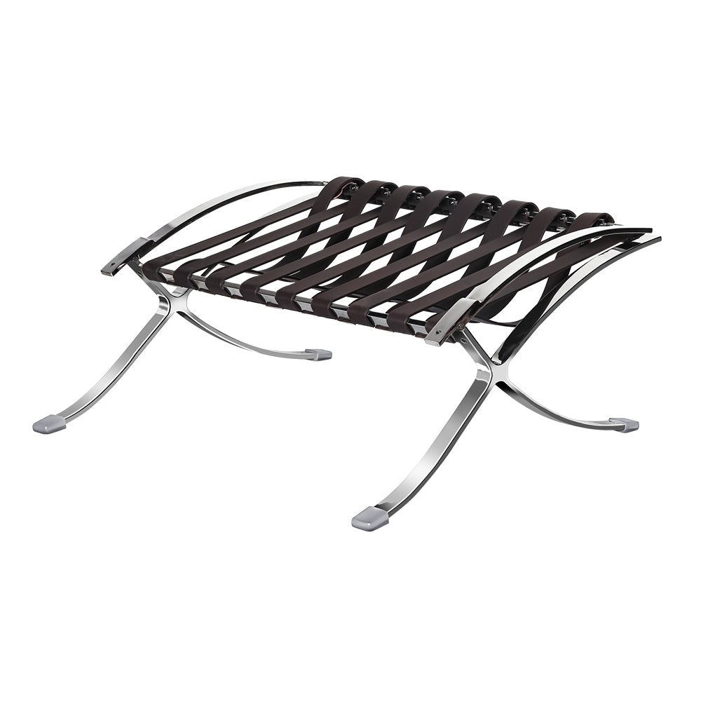 28" Brown and Silver Tufted Genuine Leather and Stainless Steel Folding Lounge Chair