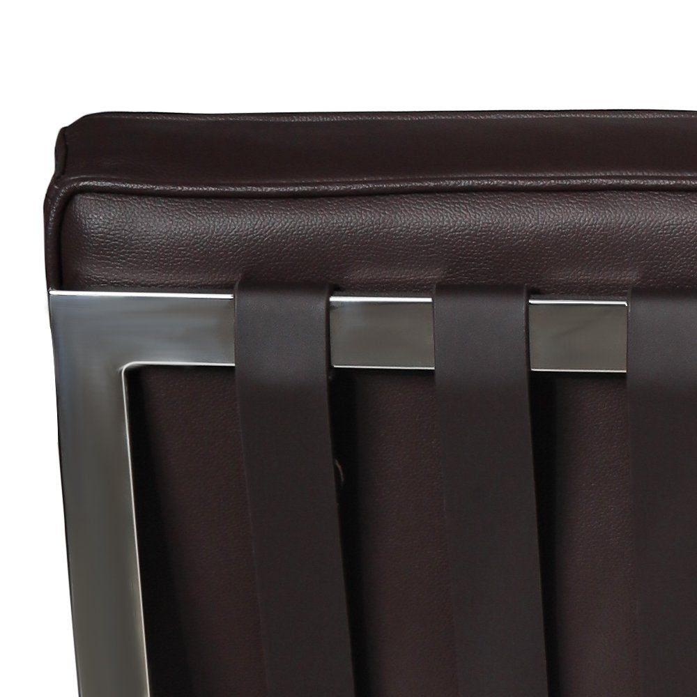 28" Brown and Silver Tufted Genuine Leather and Stainless Steel Folding Lounge Chair