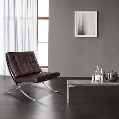28" Brown and Silver Tufted Genuine Leather and Stainless Steel Folding Lounge Chair