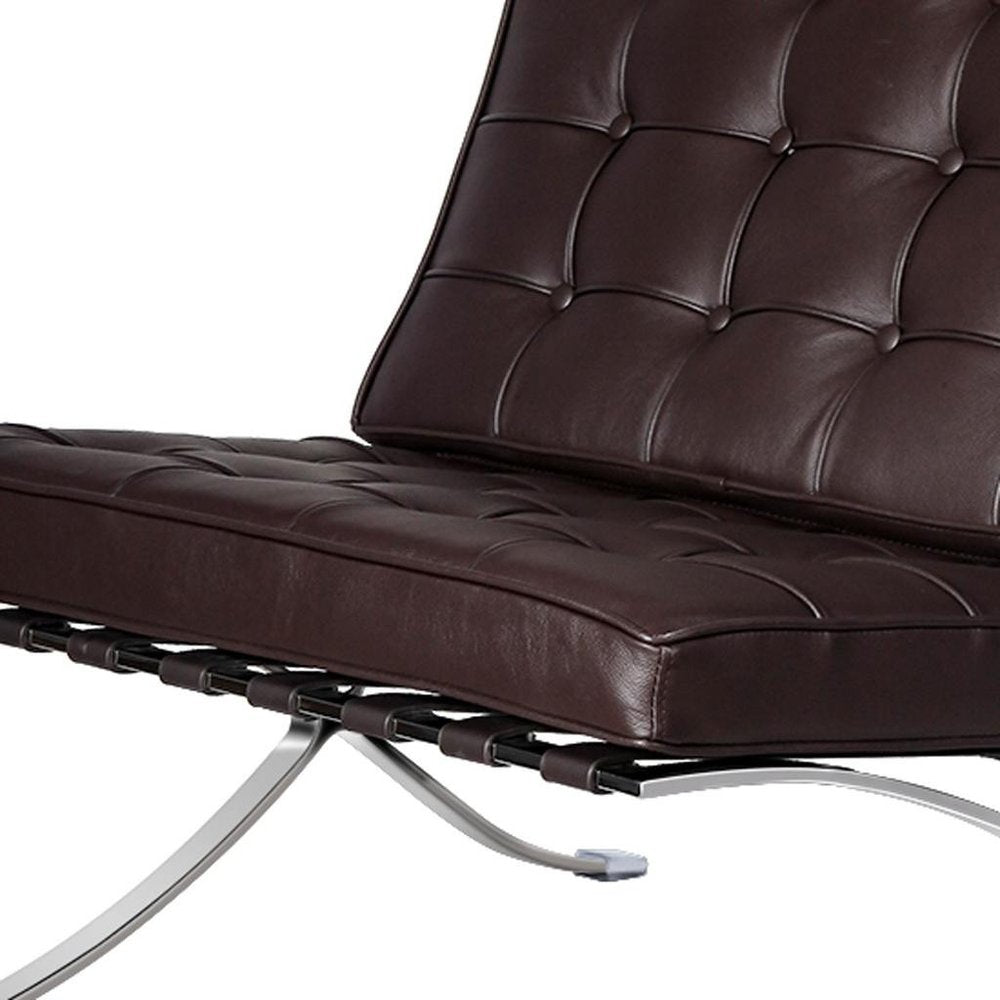 28" Brown and Silver Tufted Genuine Leather and Stainless Steel Folding Lounge Chair